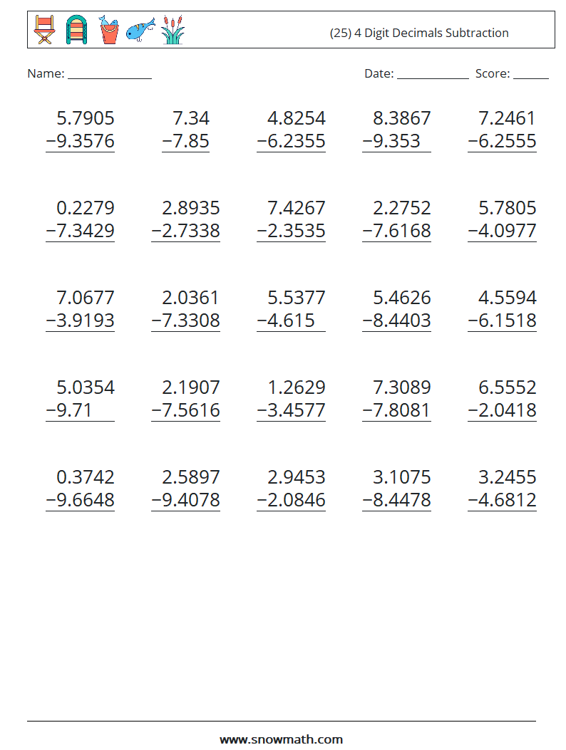 (25) 4 Digit Decimals Subtraction Maths Worksheets 9