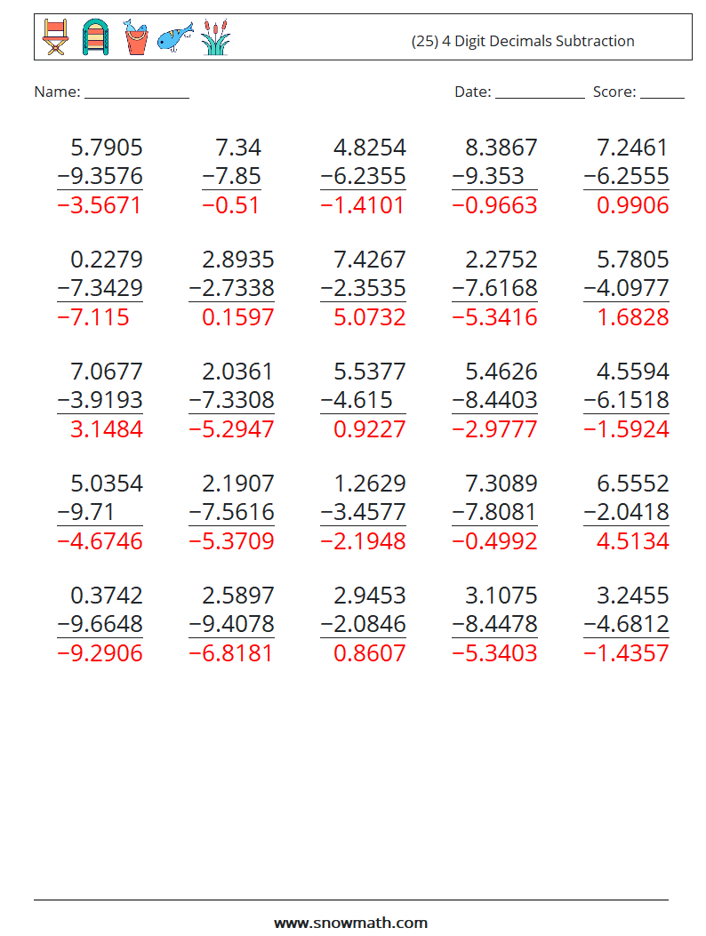 (25) 4 Digit Decimals Subtraction Maths Worksheets 9 Question, Answer