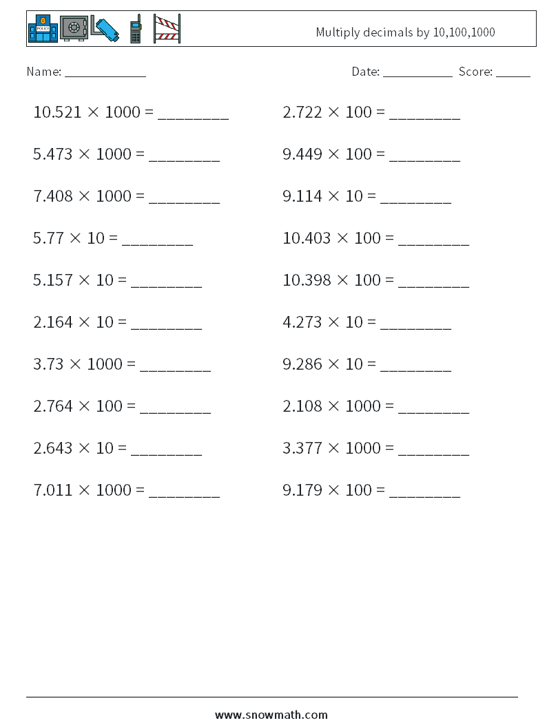 Multiply decimals by 10,100,1000 Maths Worksheets 1