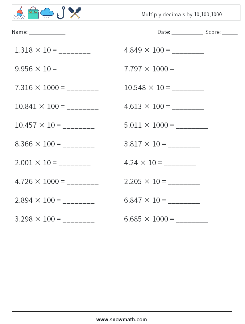 Multiply decimals by 10,100,1000 Maths Worksheets 10