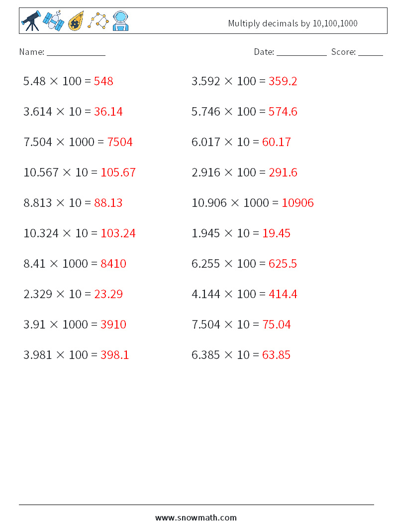 Multiply decimals by 10,100,1000 Maths Worksheets 11 Question, Answer