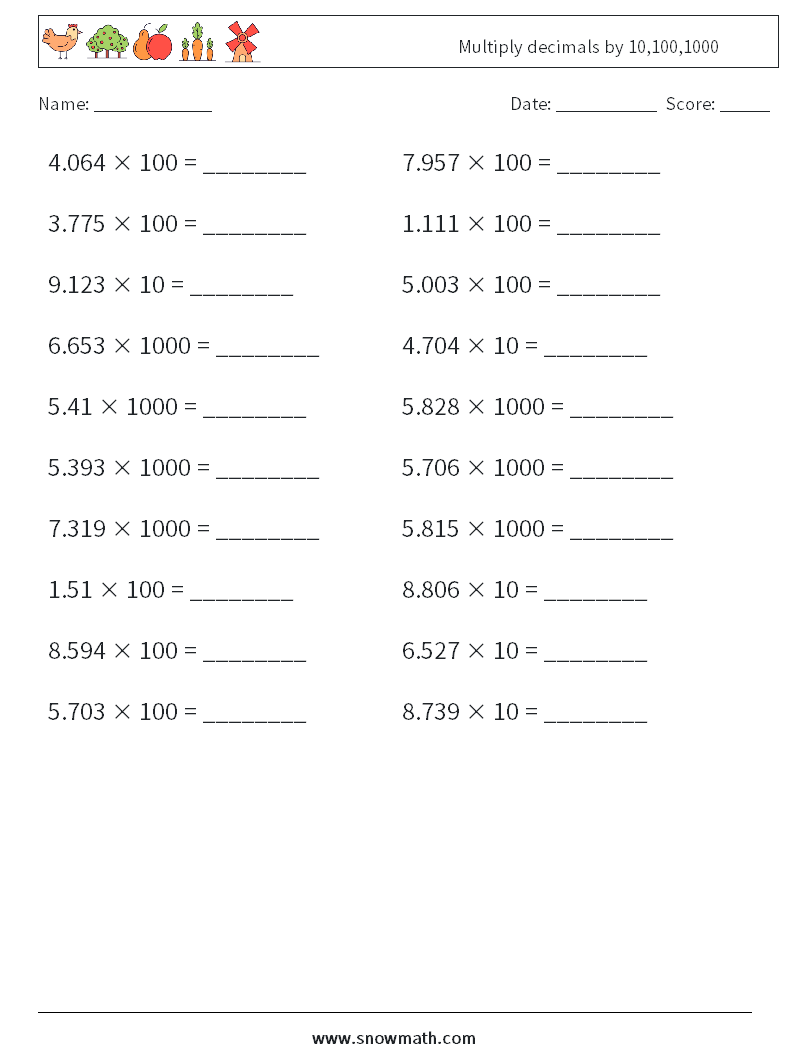 Multiply decimals by 10,100,1000 Maths Worksheets 13