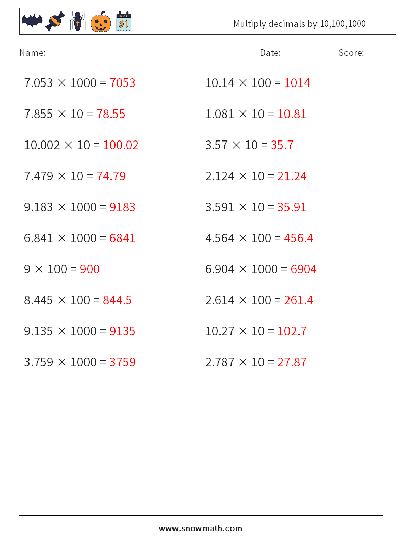 Multiply decimals by 10,100,1000 Maths Worksheets 15 Question, Answer