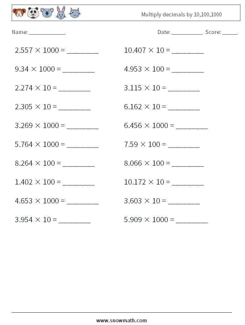 Multiply decimals by 10,100,1000 Maths Worksheets 16