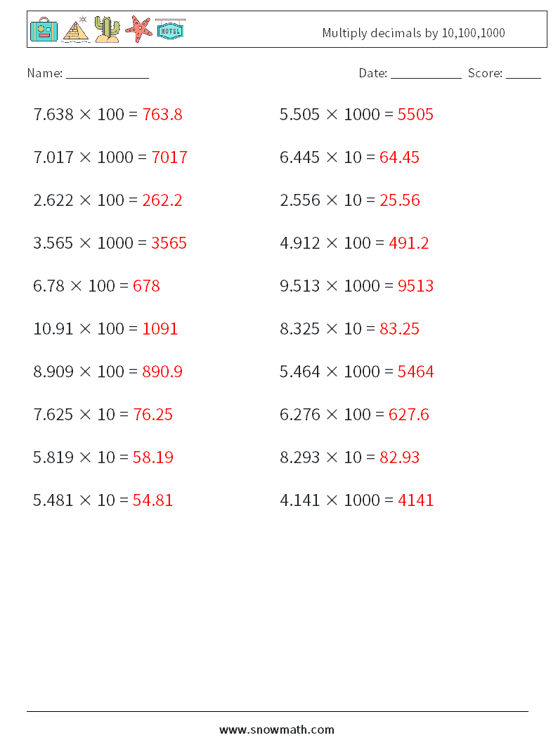 Multiply decimals by 10,100,1000 Maths Worksheets 17 Question, Answer