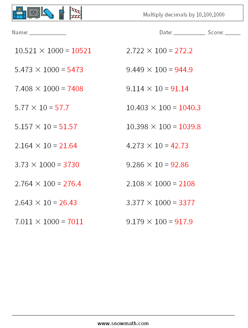 Multiply decimals by 10,100,1000 Maths Worksheets 1 Question, Answer