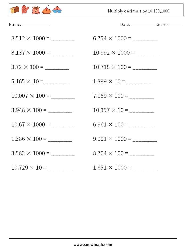 Multiply decimals by 10,100,1000 Maths Worksheets 2