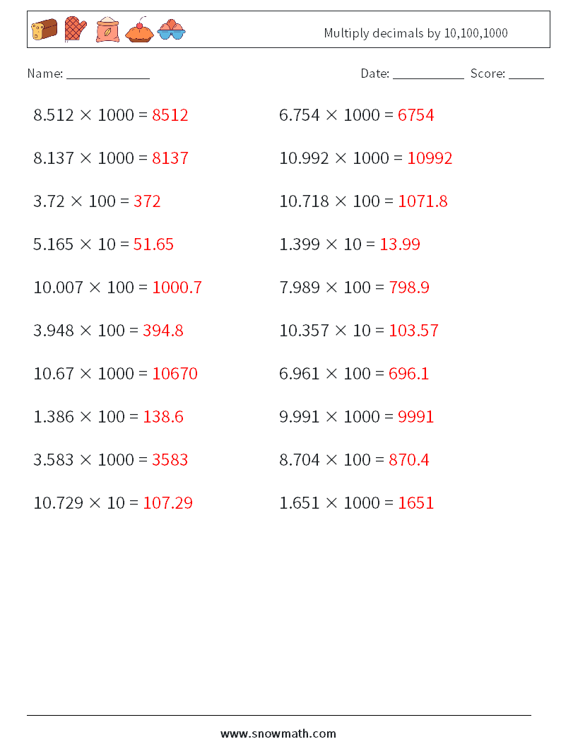Multiply decimals by 10,100,1000 Maths Worksheets 2 Question, Answer