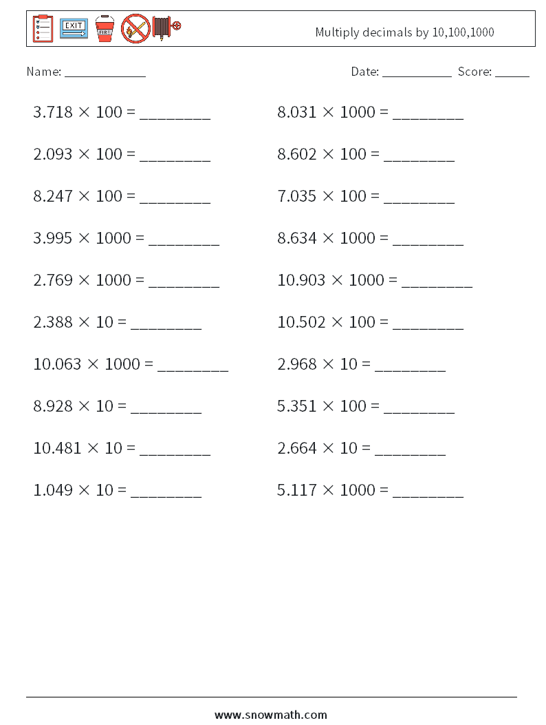 Multiply decimals by 10,100,1000 Maths Worksheets 3