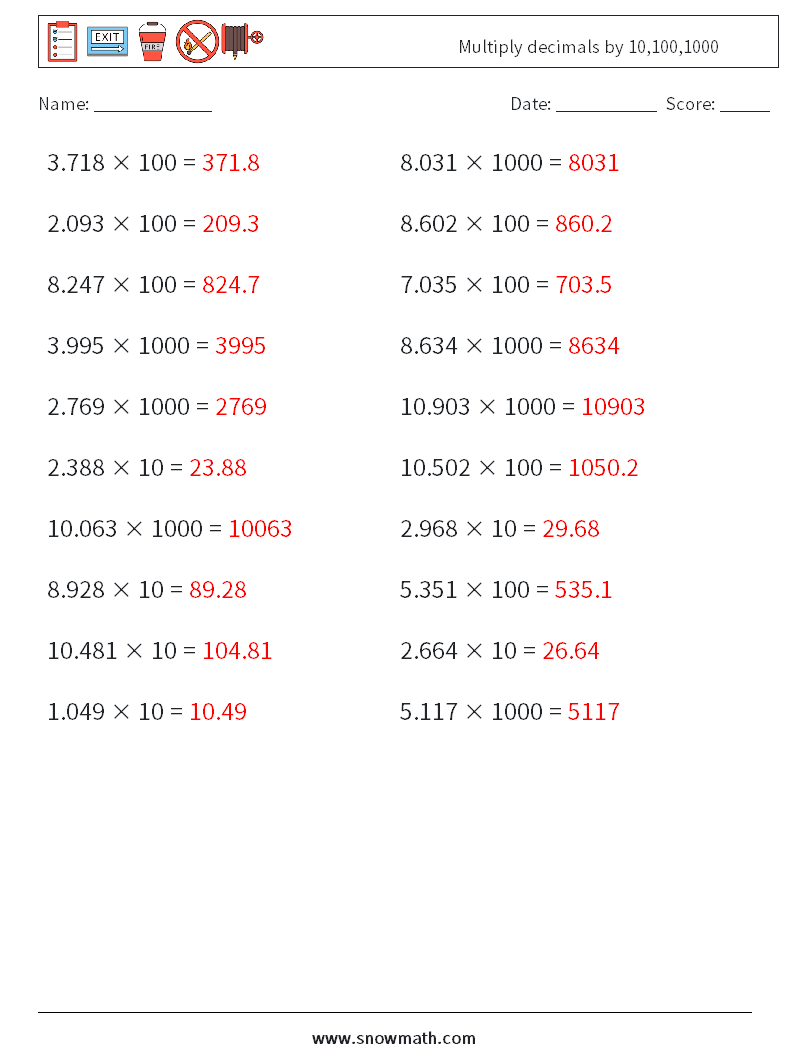 Multiply decimals by 10,100,1000 Maths Worksheets 3 Question, Answer