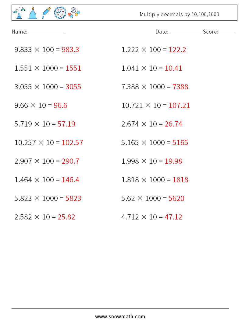 Multiply decimals by 10,100,1000 Maths Worksheets 4 Question, Answer