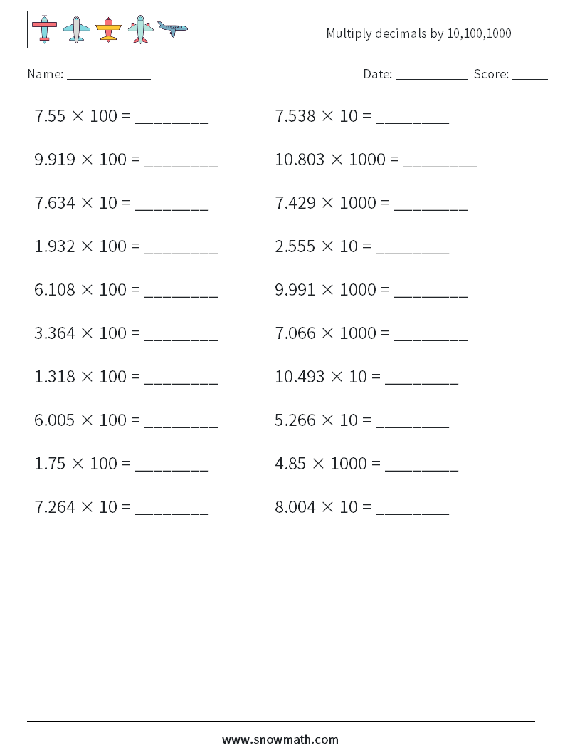 Multiply decimals by 10,100,1000 Maths Worksheets 5