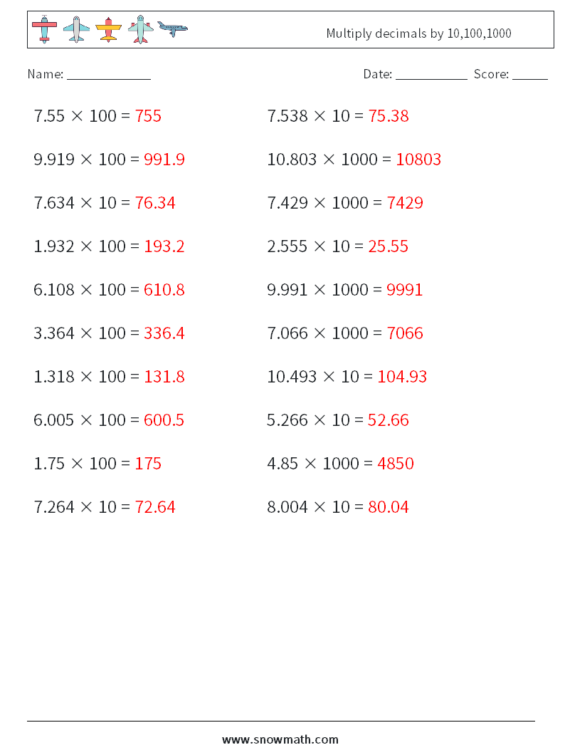 Multiply decimals by 10,100,1000 Maths Worksheets 5 Question, Answer