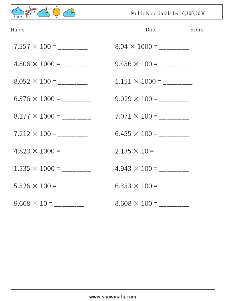 Multiply decimals by 10,100,1000 Maths Worksheets 6