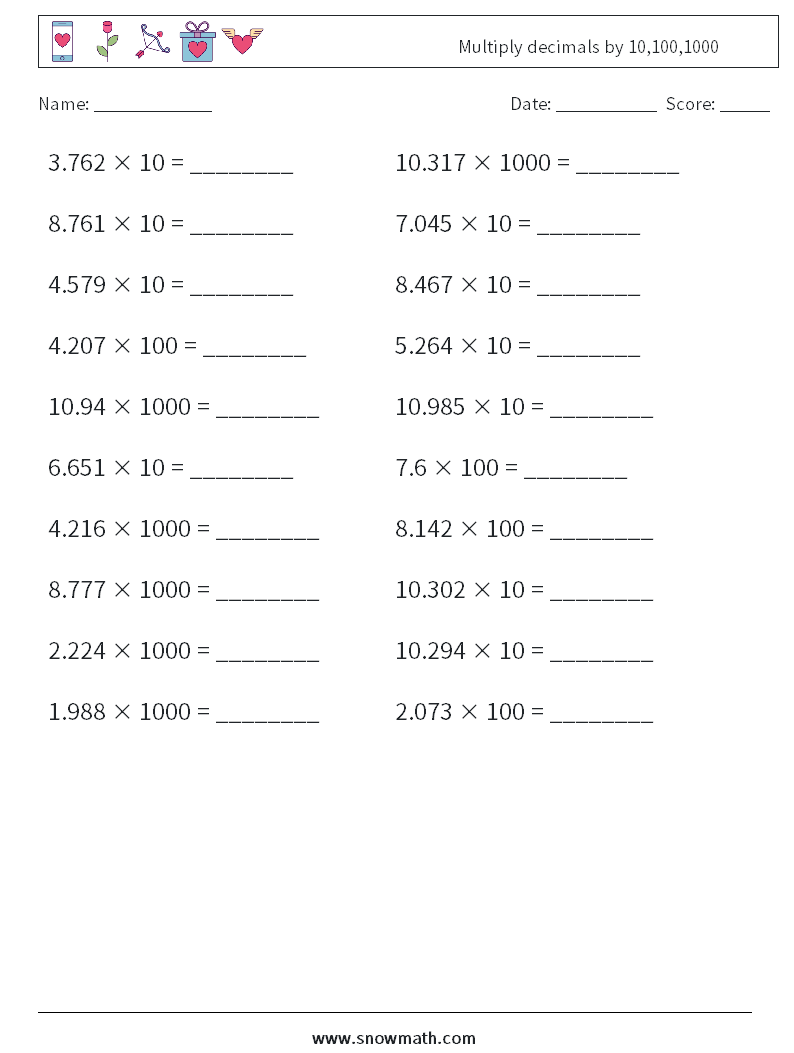 Multiply decimals by 10,100,1000 Maths Worksheets 7