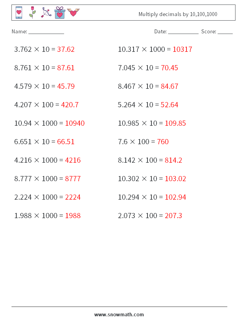 Multiply decimals by 10,100,1000 Maths Worksheets 7 Question, Answer