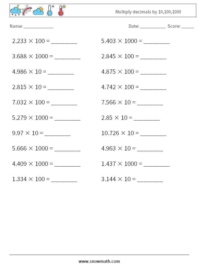 Multiply decimals by 10,100,1000 Maths Worksheets 9