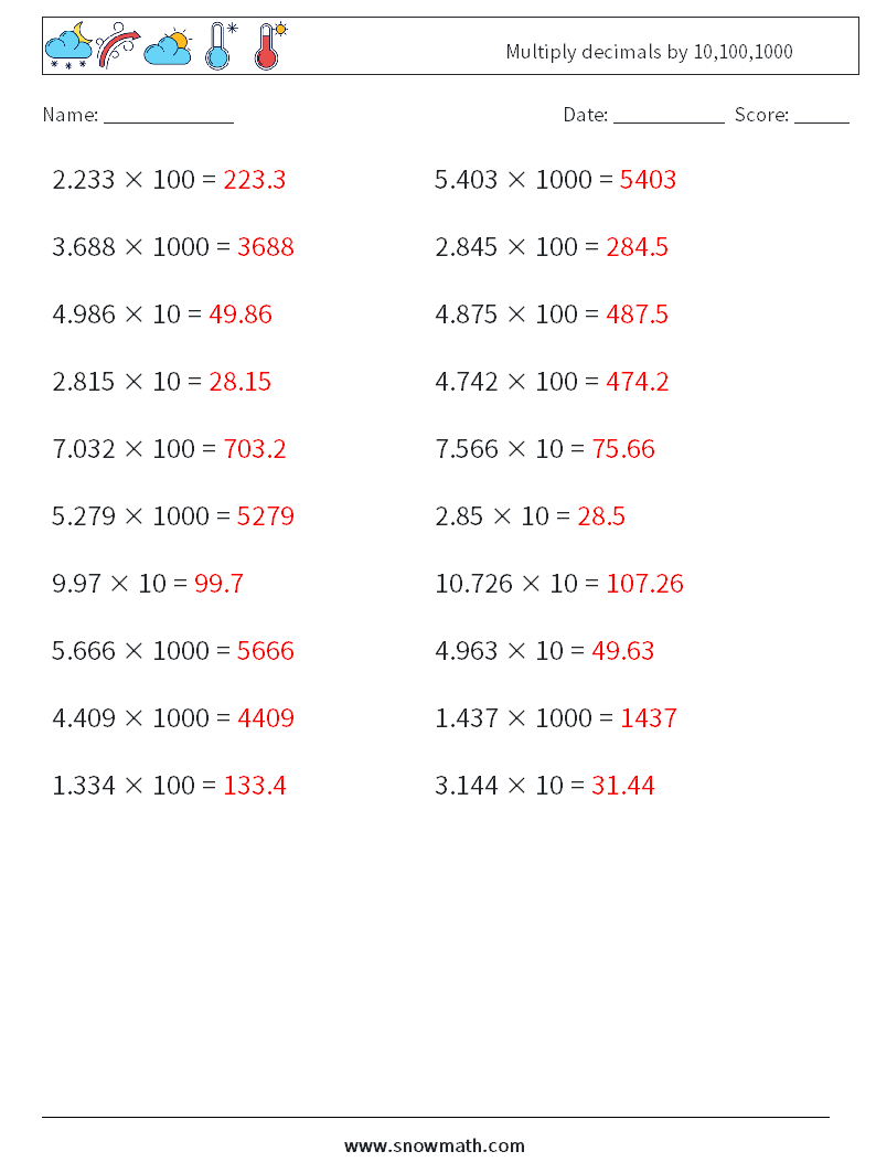 Multiply decimals by 10,100,1000 Maths Worksheets 9 Question, Answer