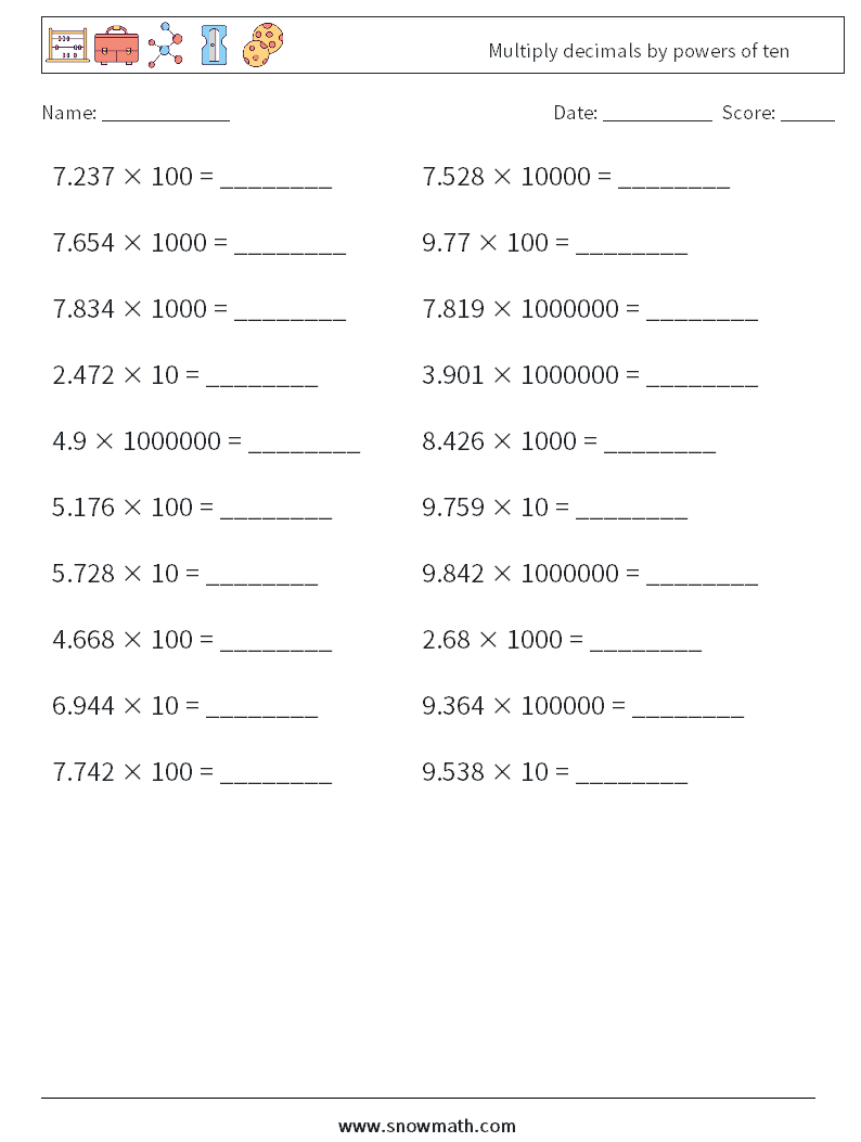 Multiply decimals by powers of ten Maths Worksheets 1