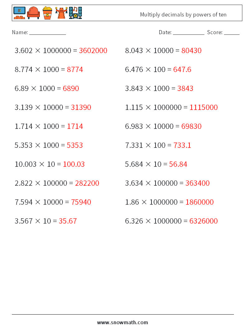 Multiply decimals by powers of ten Maths Worksheets 10 Question, Answer