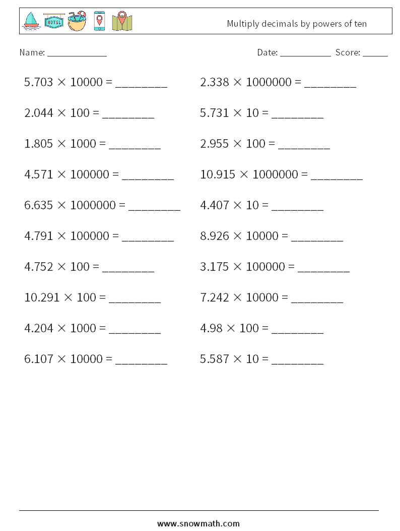 Multiply decimals by powers of ten Maths Worksheets 11