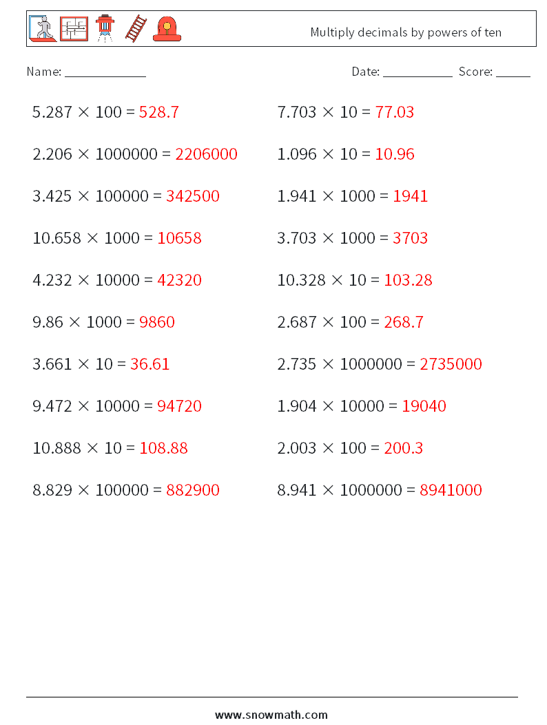 Multiply decimals by powers of ten Maths Worksheets 13 Question, Answer