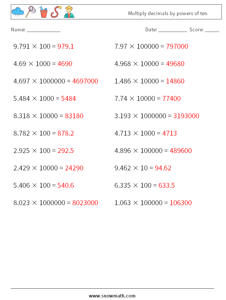 Multiply decimals by powers of ten Maths Worksheets 14 Question, Answer