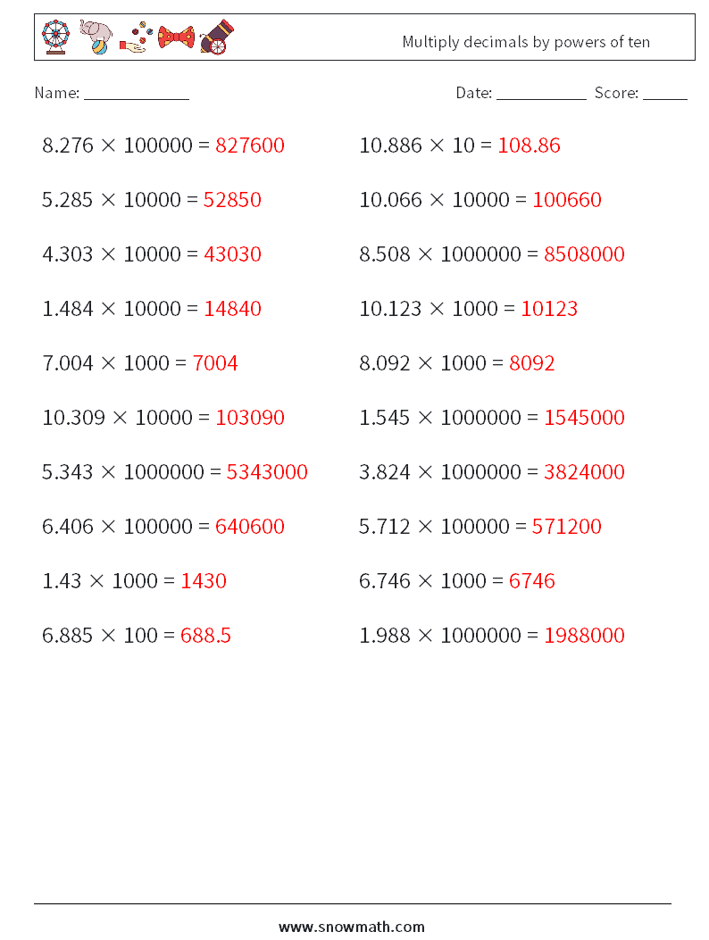 Multiply decimals by powers of ten Maths Worksheets 15 Question, Answer
