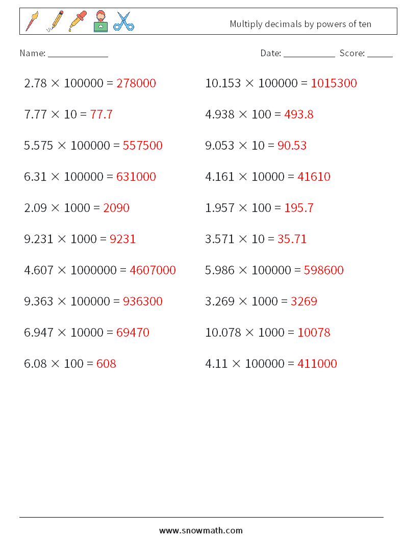 Multiply decimals by powers of ten Maths Worksheets 16 Question, Answer