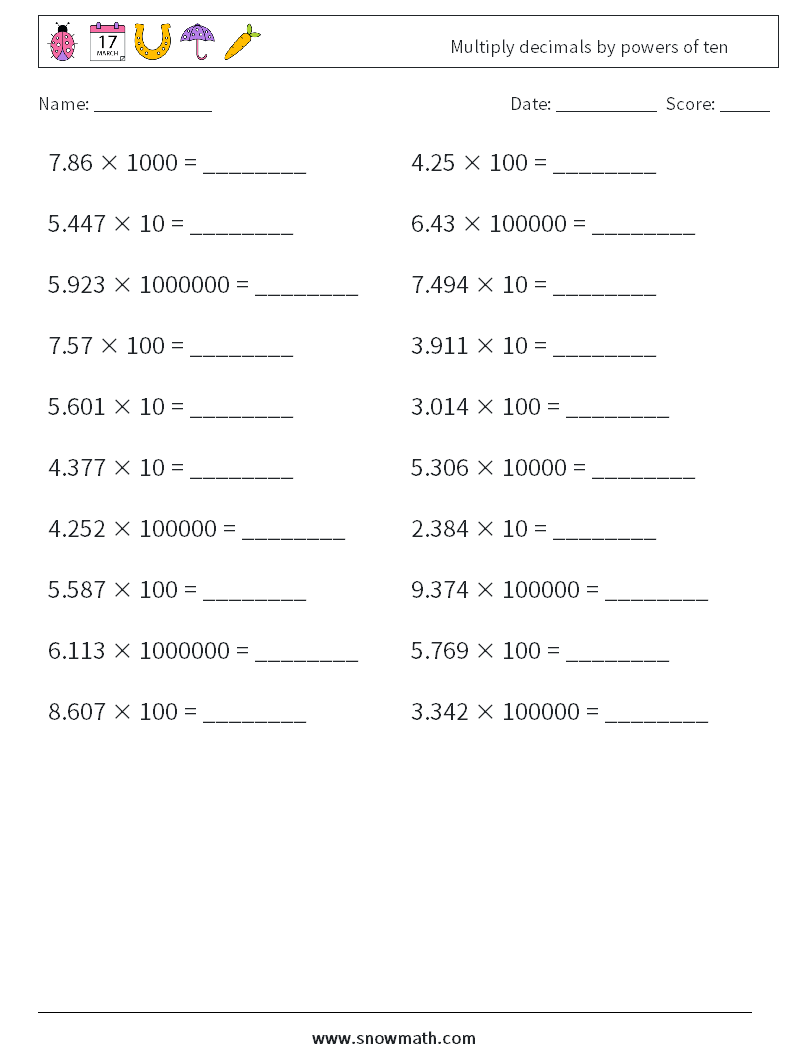 Multiply decimals by powers of ten Maths Worksheets 17