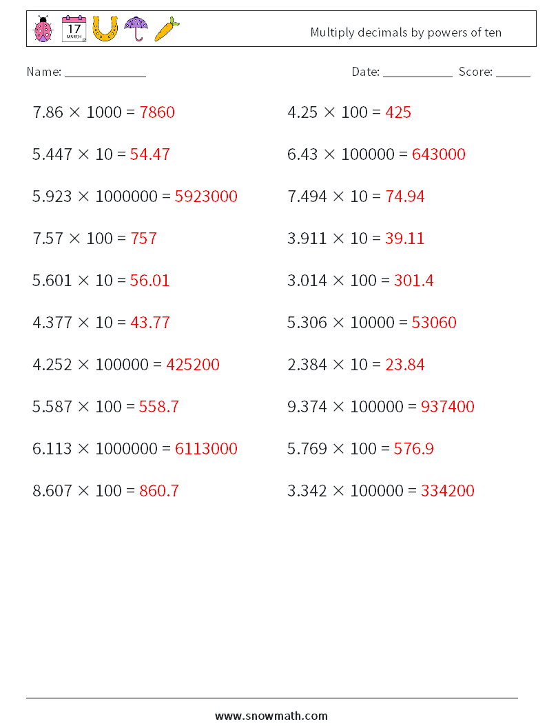 Multiply decimals by powers of ten Maths Worksheets 17 Question, Answer