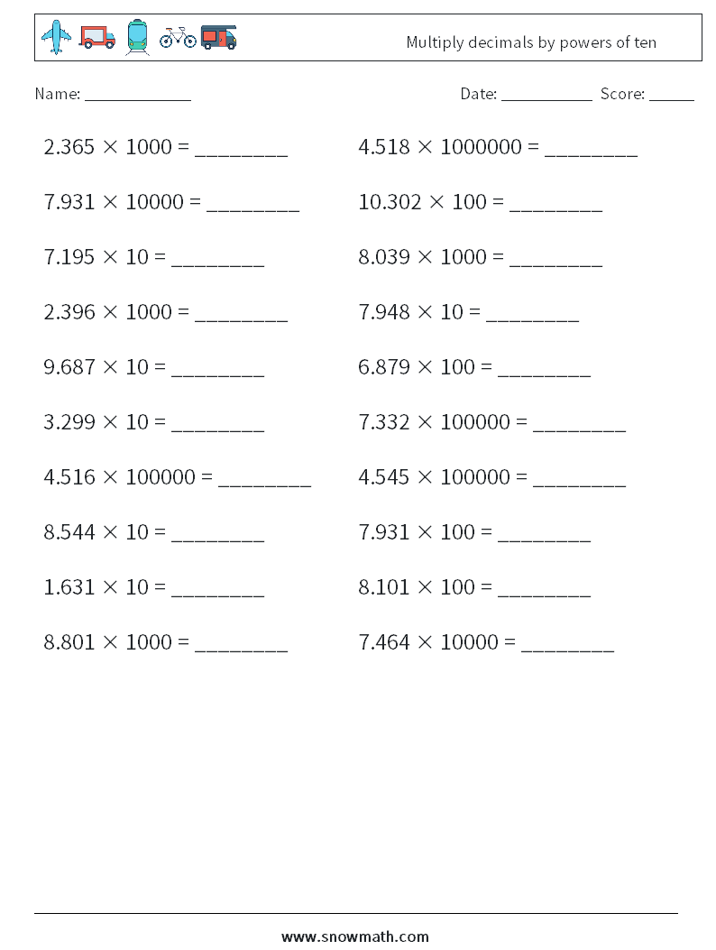 Multiply decimals by powers of ten Maths Worksheets 18