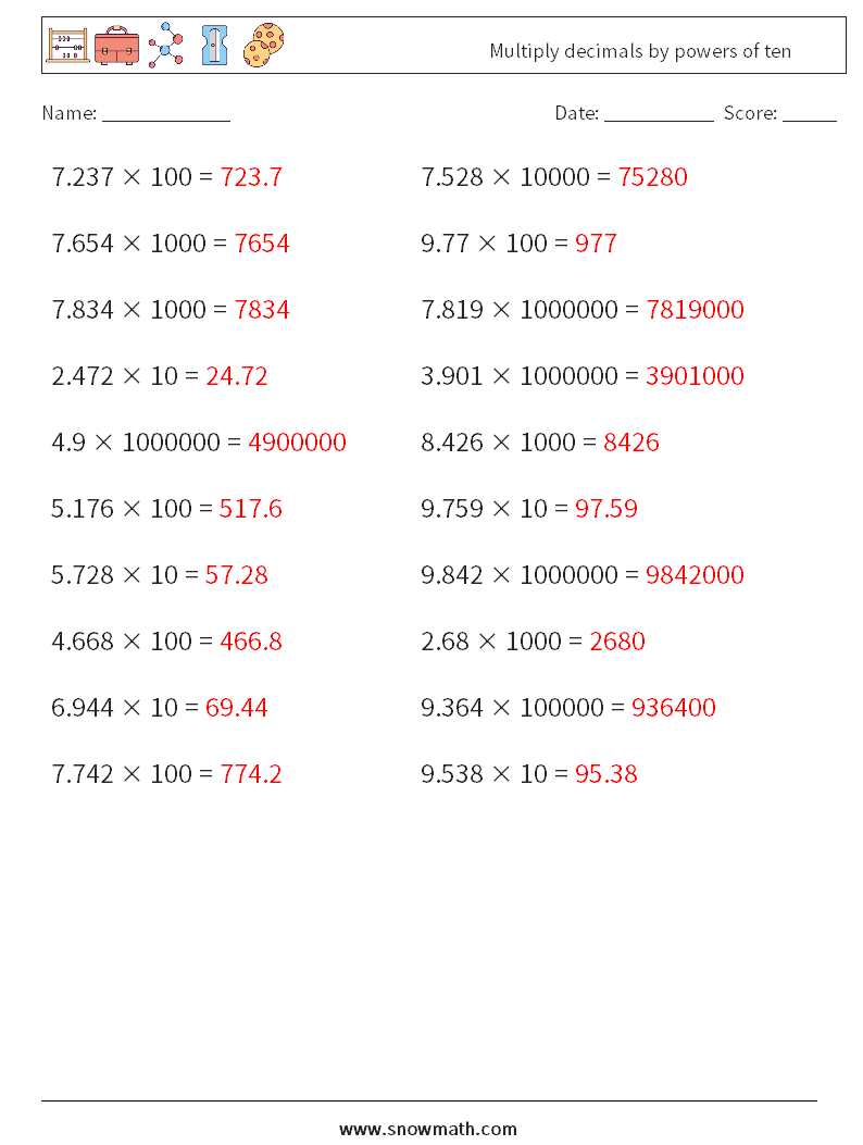 Multiply decimals by powers of ten Maths Worksheets 1 Question, Answer