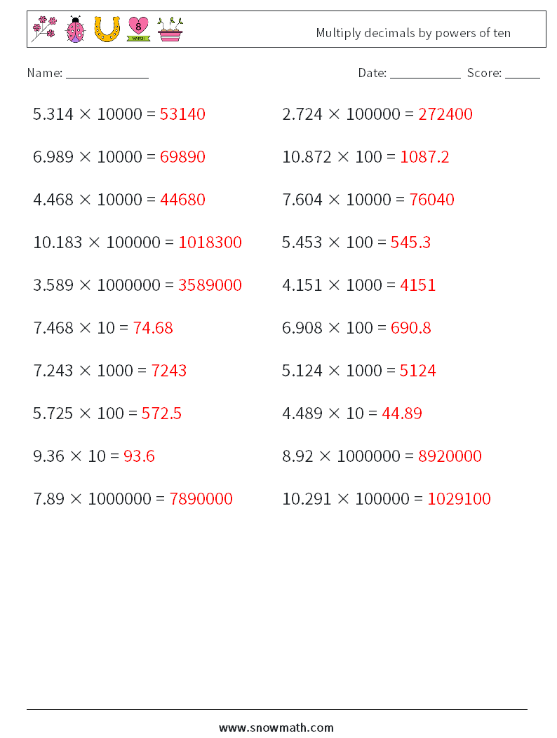 Multiply decimals by powers of ten Maths Worksheets 2 Question, Answer