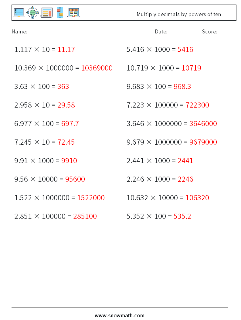 Multiply decimals by powers of ten Maths Worksheets 4 Question, Answer