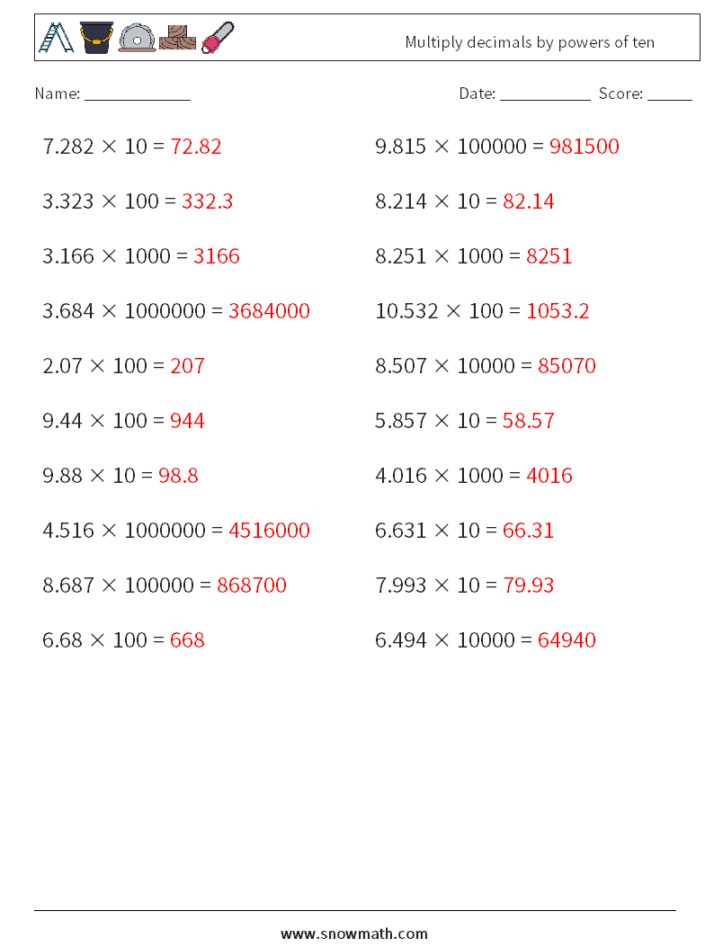 Multiply decimals by powers of ten Maths Worksheets 5 Question, Answer