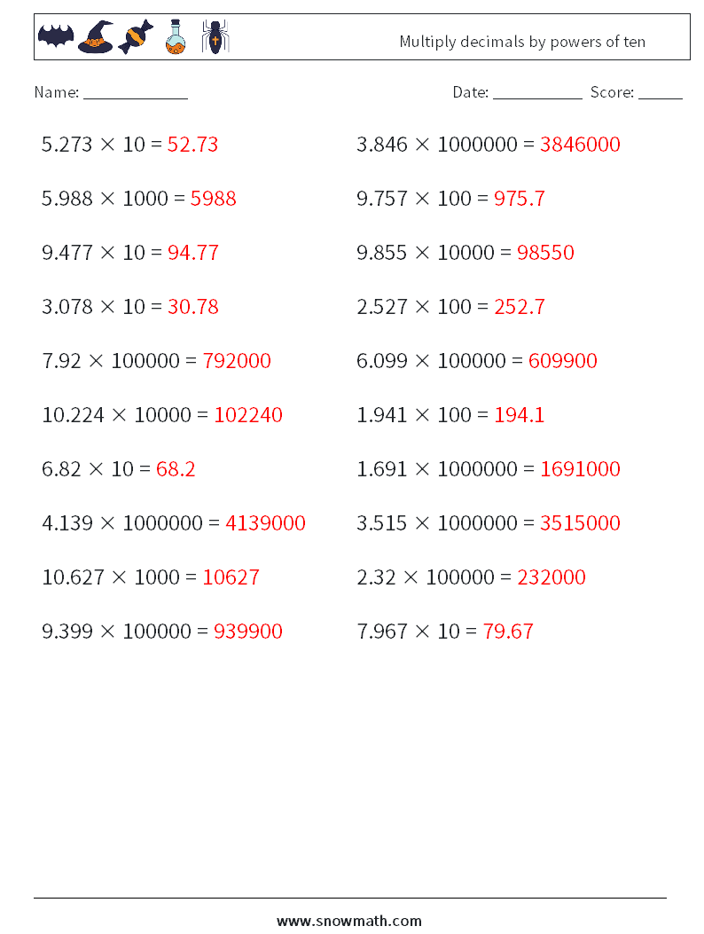 Multiply decimals by powers of ten Maths Worksheets 6 Question, Answer