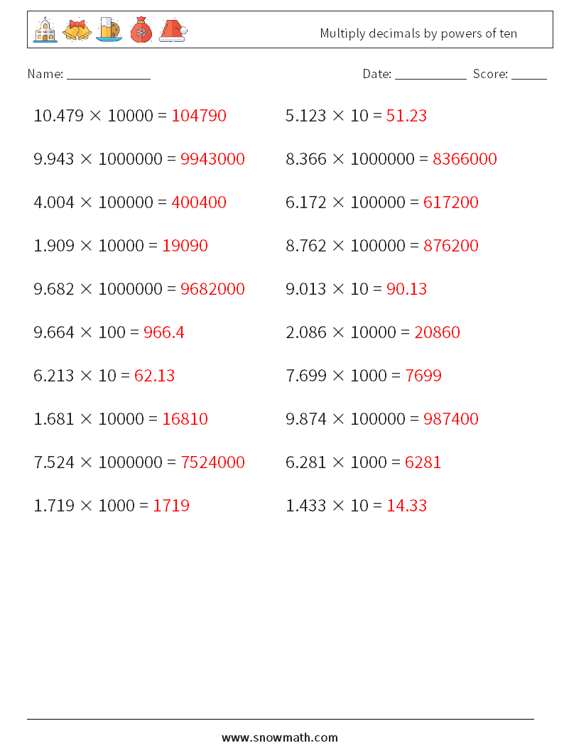 Multiply decimals by powers of ten Maths Worksheets 7 Question, Answer