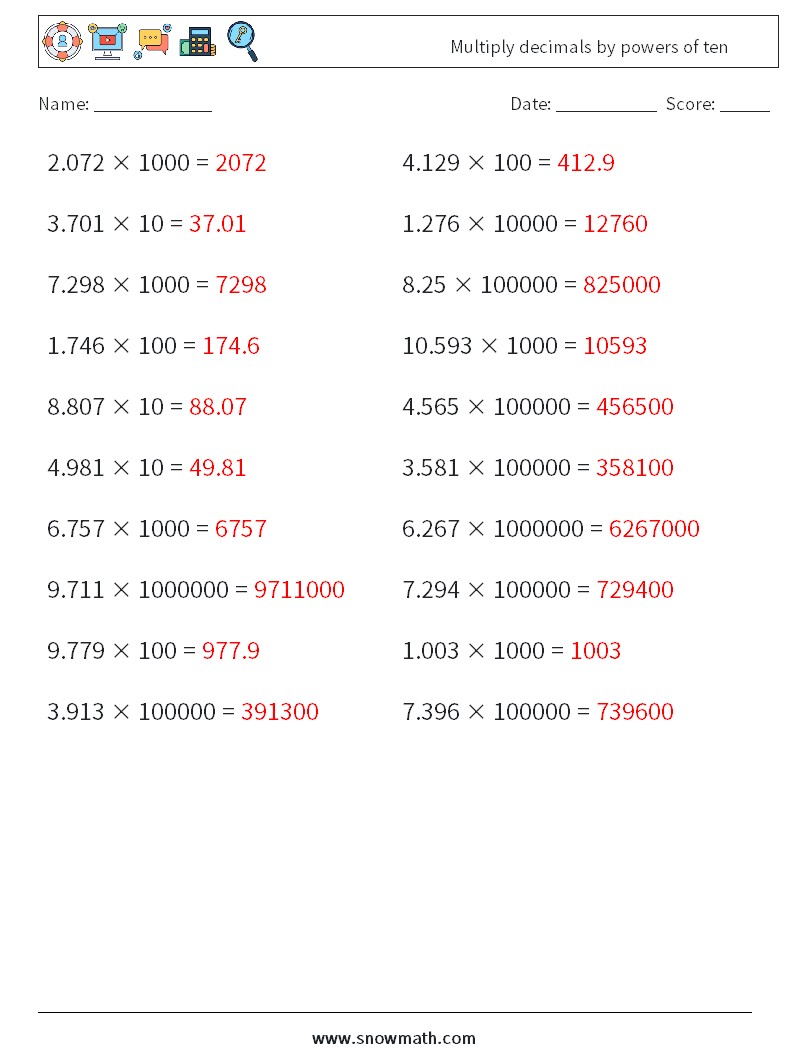 Multiply decimals by powers of ten Maths Worksheets 8 Question, Answer