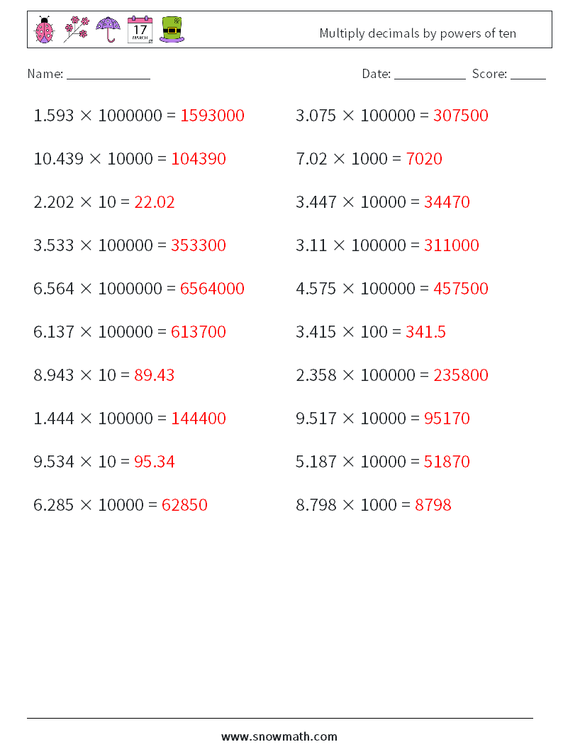 Multiply decimals by powers of ten Maths Worksheets 9 Question, Answer
