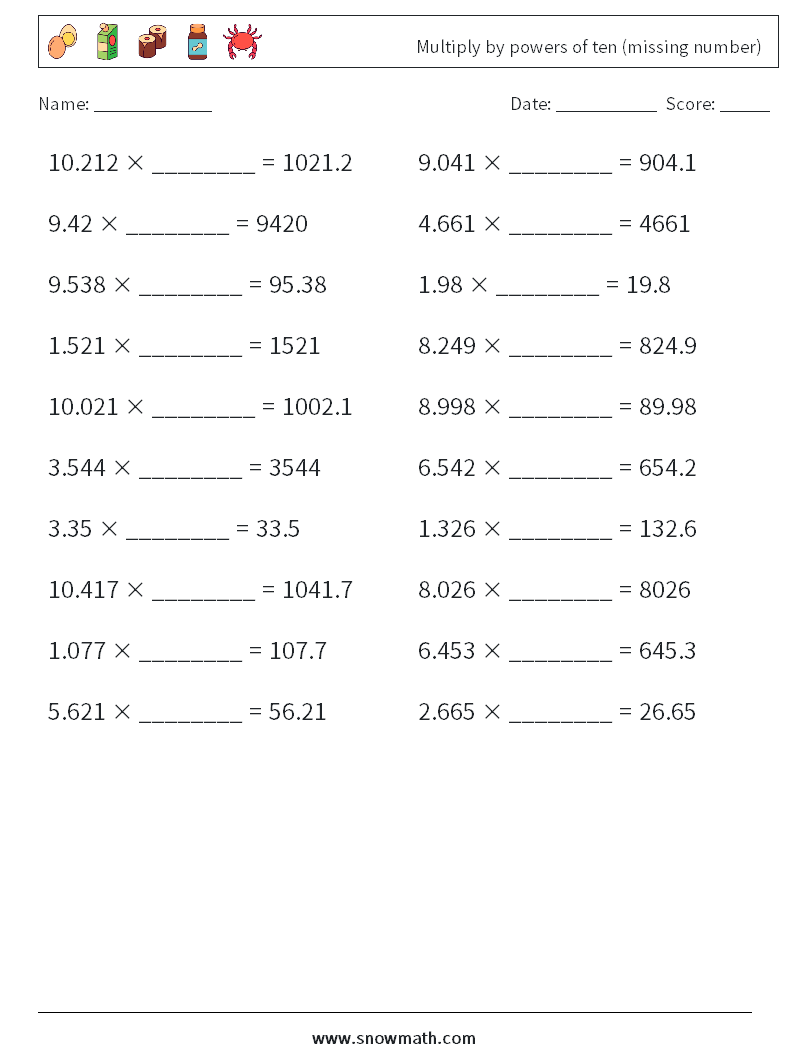 Multiply by powers of ten (missing number) Maths Worksheets 1