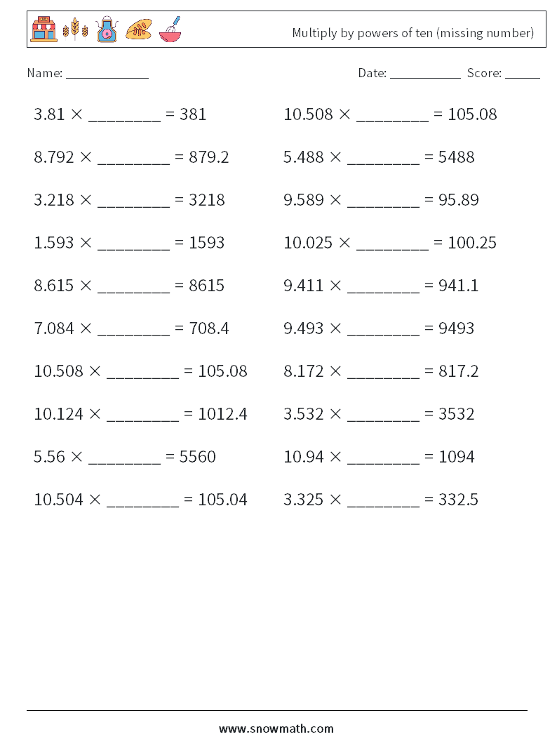 Multiply by powers of ten (missing number) Maths Worksheets 10