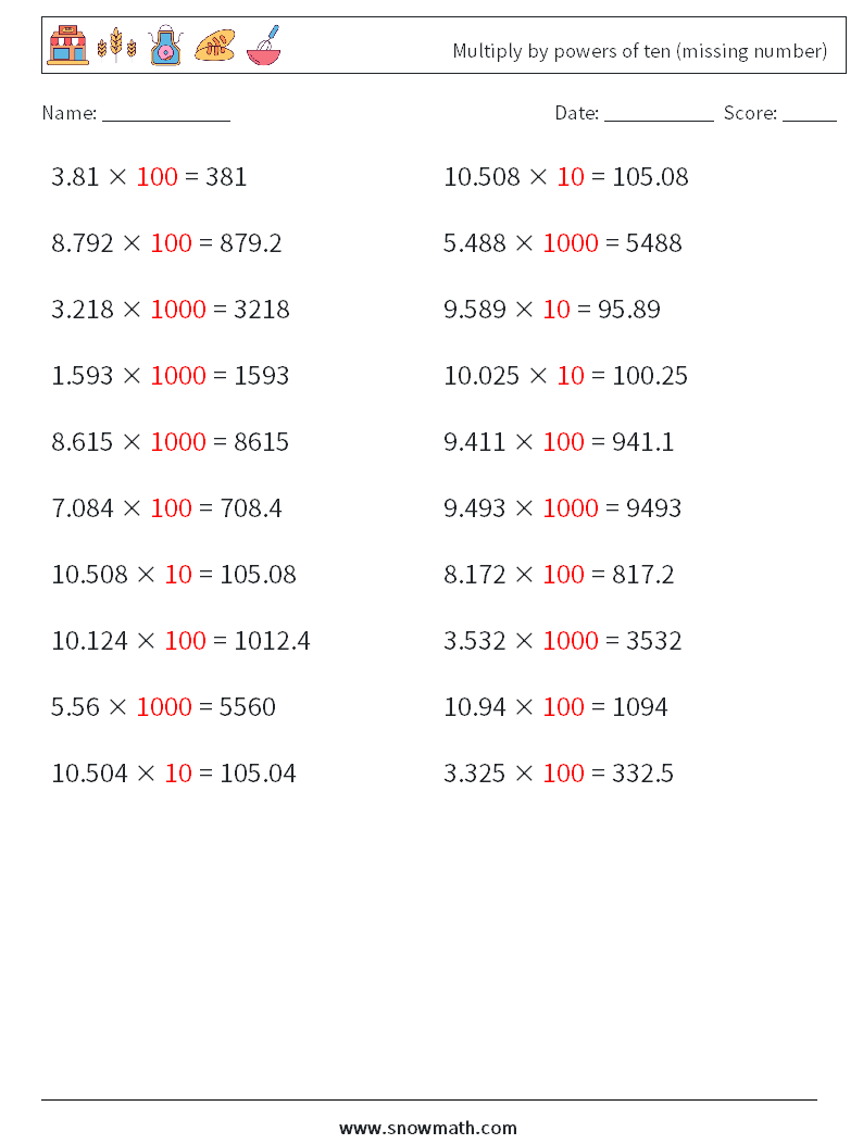 Multiply by powers of ten (missing number) Maths Worksheets 10 Question, Answer