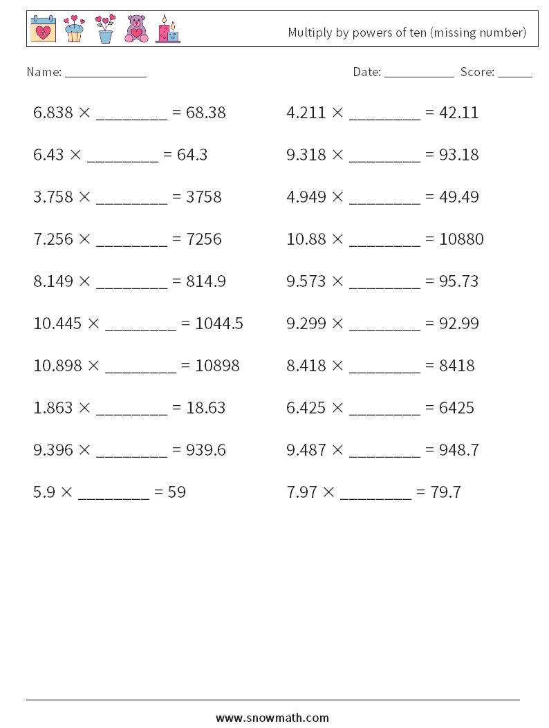 Multiply by powers of ten (missing number) Maths Worksheets 11