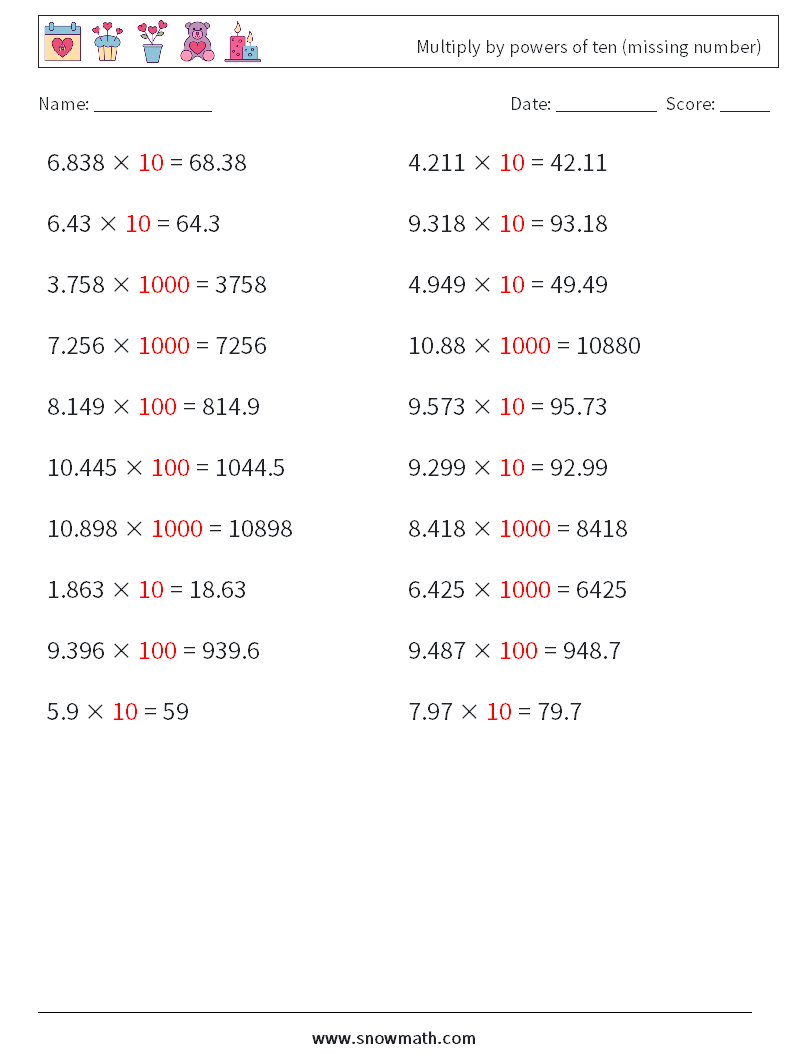 Multiply by powers of ten (missing number) Maths Worksheets 11 Question, Answer