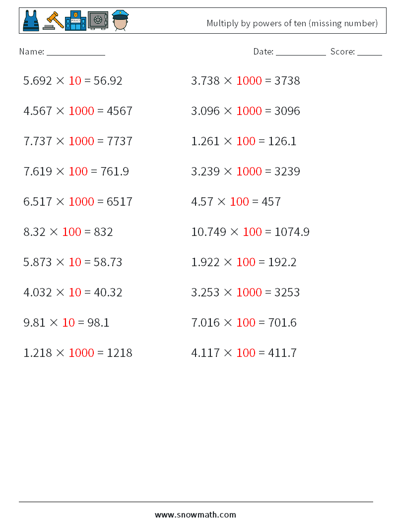 Multiply by powers of ten (missing number) Maths Worksheets 12 Question, Answer