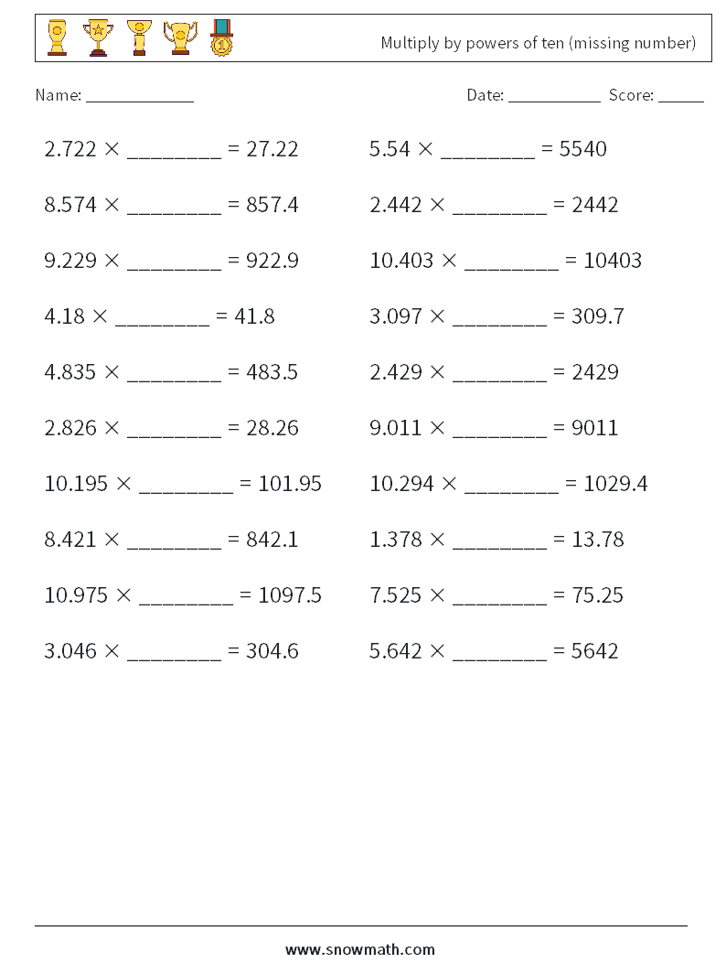 Multiply by powers of ten (missing number) Maths Worksheets 13