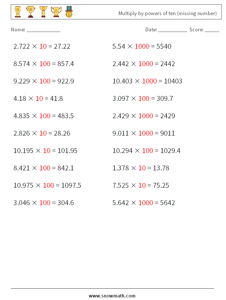 Multiply by powers of ten (missing number) Maths Worksheets 13 Question, Answer