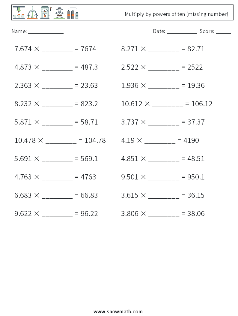 Multiply by powers of ten (missing number) Maths Worksheets 14