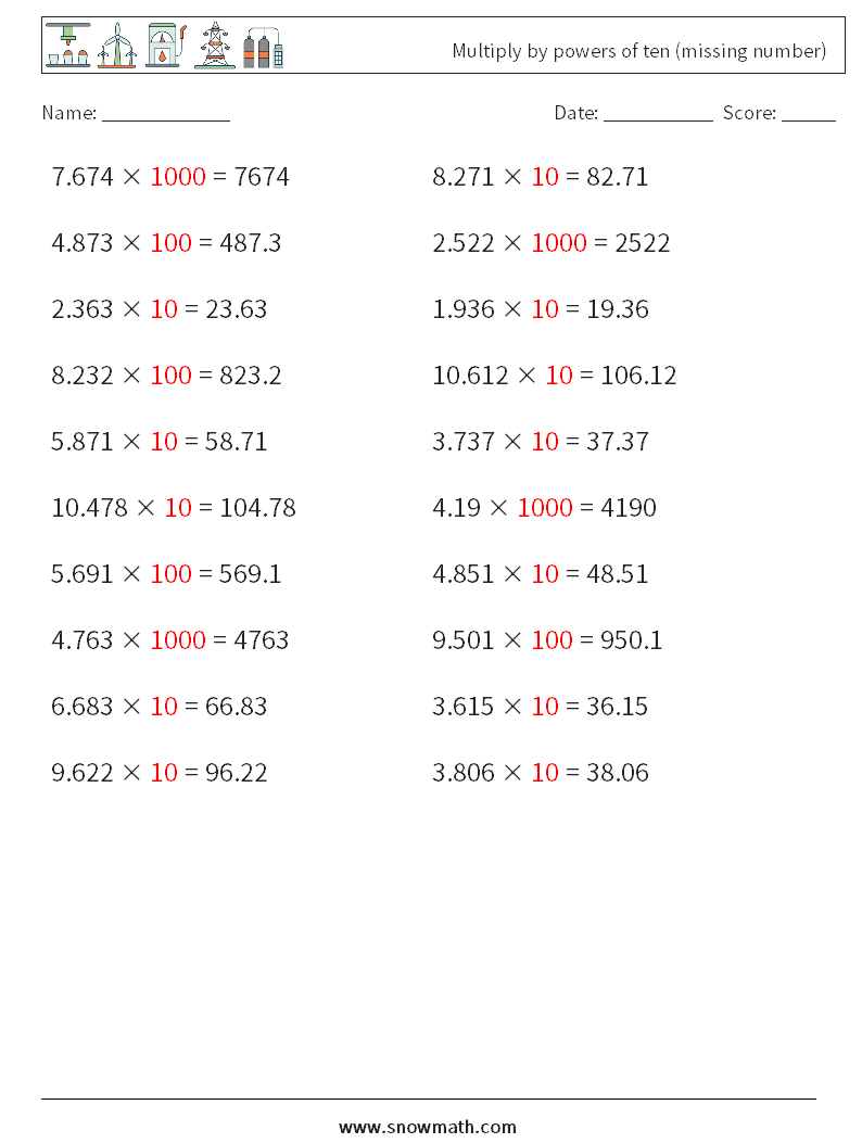 Multiply by powers of ten (missing number) Maths Worksheets 14 Question, Answer